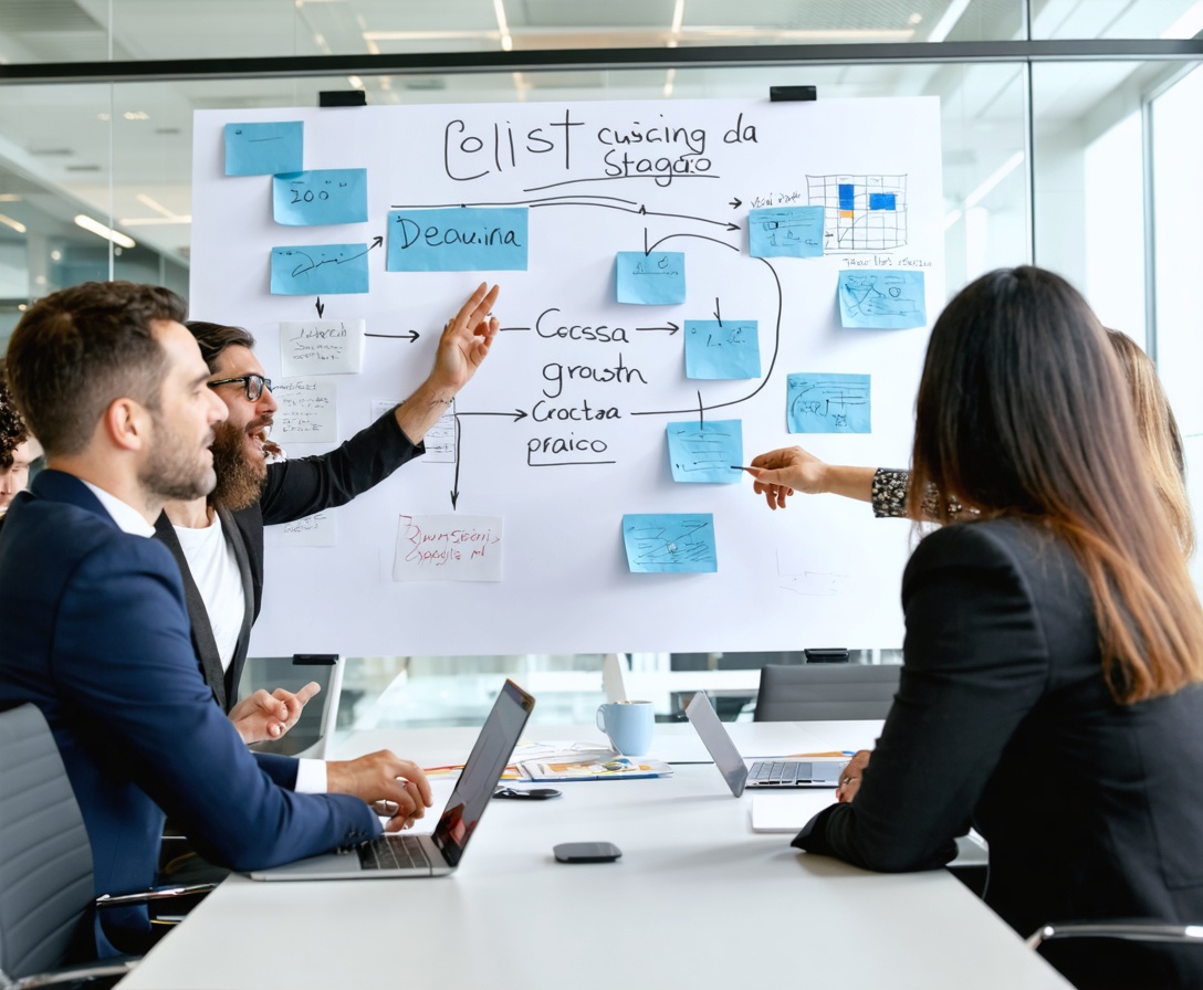 Profesionales españoles trabajando en una pizarra de estrategia