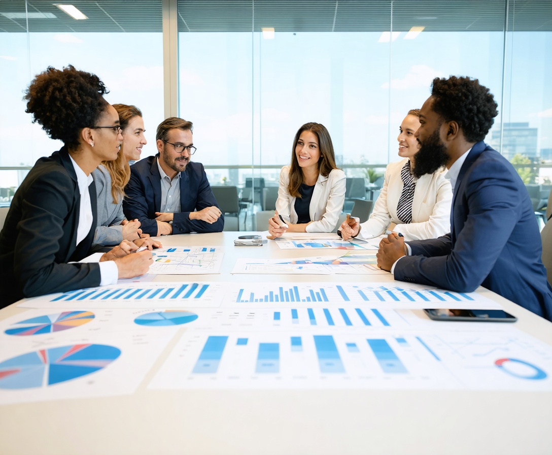 Reunión de equipo diverso en sala de estrategia